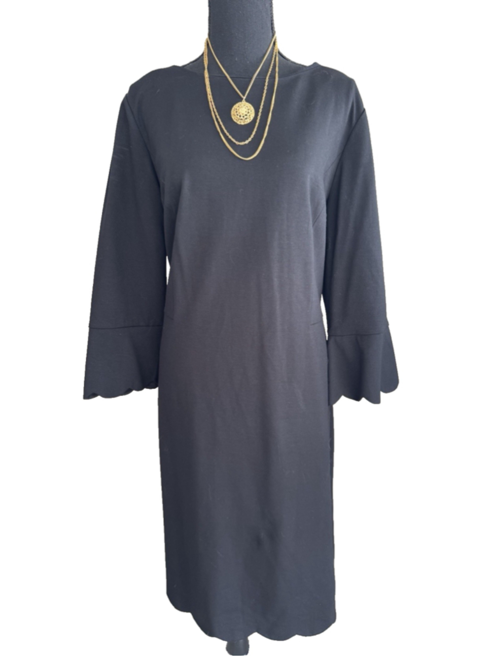 Talbots Dress 18 Black Ponte Stretch Sheath 3/4 Long Sleeves Career Washable